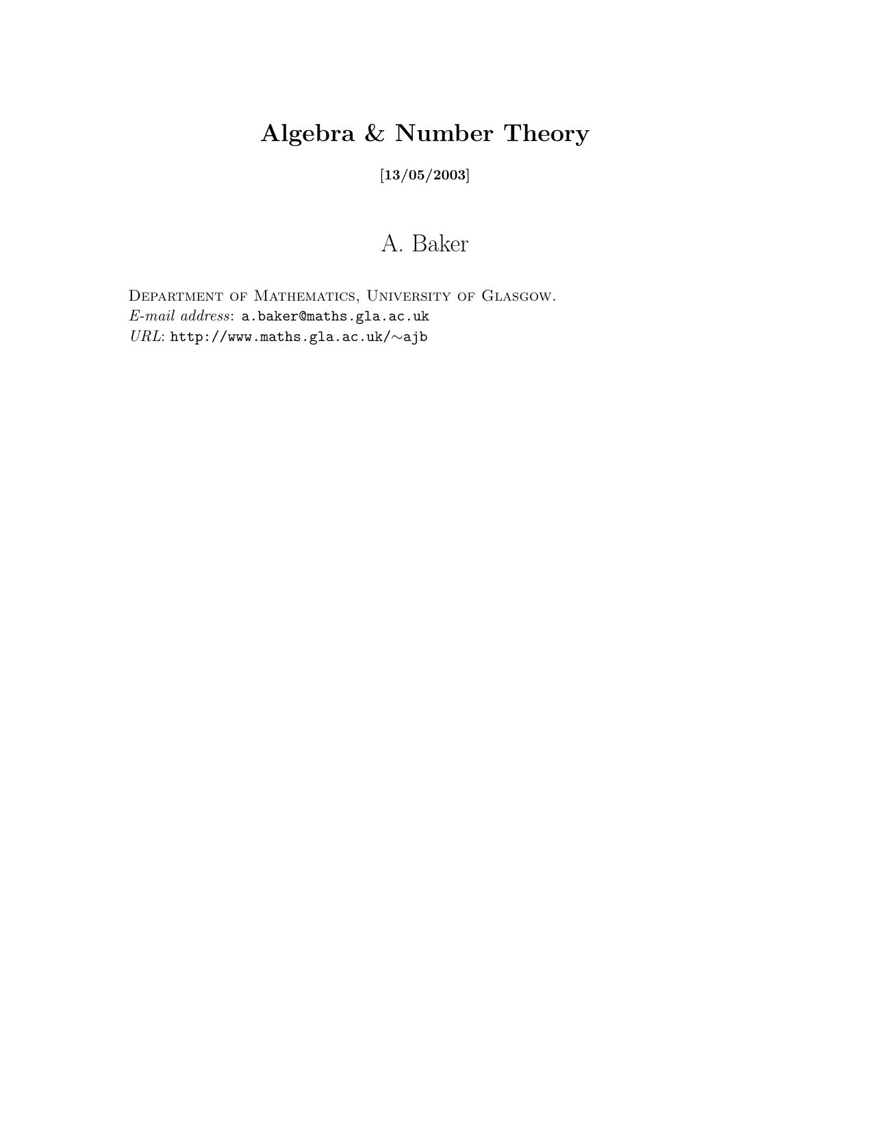 Algebra And Number Theory-A Baker