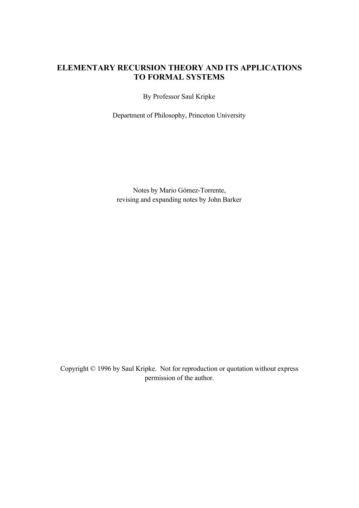 Elementary Recursion Theory And Its Applications To Formal Systems-Kripke